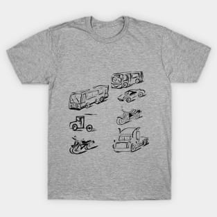 Cars. Trucks Buses Trams. Racing car. Motorcycles. Transport. T-Shirt